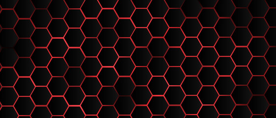 Black hexagon grid pattern on red background, bright light coming from below. Technology, connection and data concept. High resolution full frame abstract and modern background with copy space.