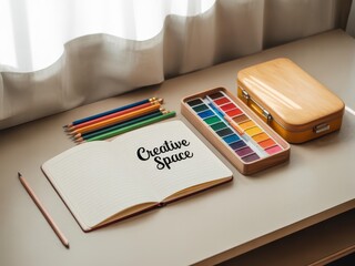 Creative workspace with colored pencils and watercolor set on desk  
