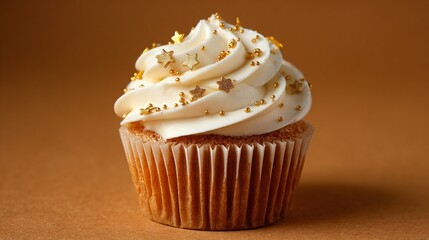 Delicious Cupcake with White Frosting and Golden Star Sprinkles