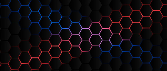 Black hexagon grid pattern on red & blue background, bright light coming from below. Technology, connection and data concept. High resolution full frame abstract and modern background with copy space.
