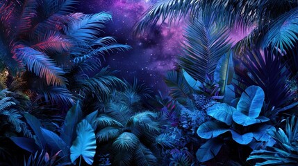 Fototapeta premium Lush tropical plants fill the foreground, showcasing deep blue and green hues against a stunning night sky filled with stars and a purple cosmic backdrop