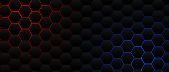 Black hexagon grid pattern on red & blue background, bright light coming from below. Technology, connection and data concept. High resolution full frame abstract and modern background with copy space.