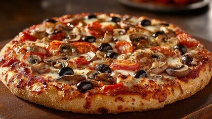 A delicious pizza is served at a bustling restaurant, showcasing a glorious combination of pepperoni, mushrooms, and olives on a golden crust, perfect for a dinner gathering