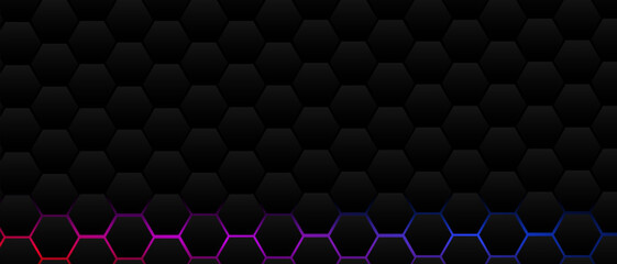Black hexagon grid pattern on red & blue background, bright light coming from below. Technology, connection and data concept. High resolution full frame abstract and modern background with copy space.