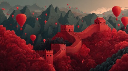 Illustration of the Great Wall with red lanterns, embodying the festive spirit of China National Day.