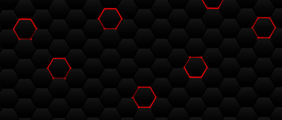 Black hexagon grid pattern on red background, bright light coming from below. Technology, connection and data concept. High resolution full frame abstract and modern background with copy space.