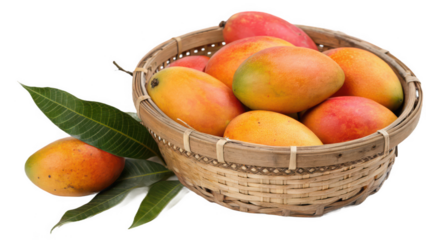Fresh ripe mangoes in a woven basket with green leaves isolated on transparent background