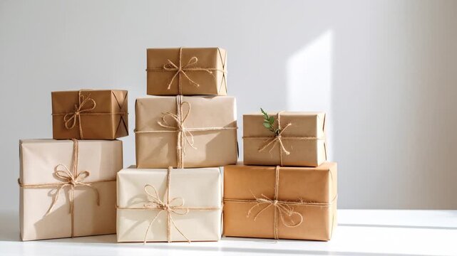 Pile of Neatly Wrapped Gifts in Neutral Tones Adorned with Twine on a White Surface in Bright Indoor Lighting Perfect for Commercial Use