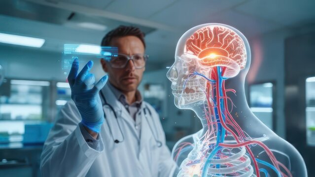 Doctor examining a 3D brain model