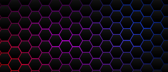 Black hexagon grid pattern on red & blue background, bright light coming from below. Technology, connection and data concept. High resolution full frame abstract and modern background with copy space.