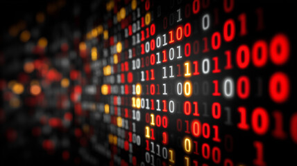 Close up binary code in red yellow and white glowing across a dark matrix. Represents data streams cybersecurity alert patterns machine analysis and the hidden language of computing