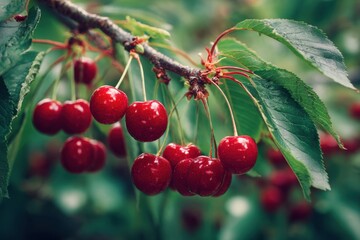 Juicy Red Cherries Hanging on Branch, Summer Fruit Harvest.