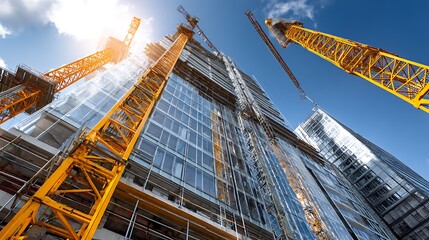 Fototapeta premium Construction cranes building modern glass skyscraper under blue sky