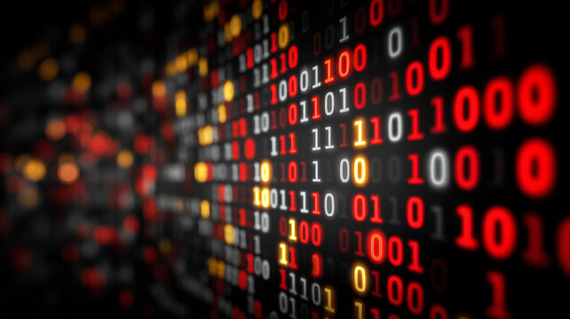 Close up binary code in red yellow and white glowing across a dark matrix. Represents data streams cybersecurity alert patterns machine analysis and the hidden language of computing - Powered by Adobe