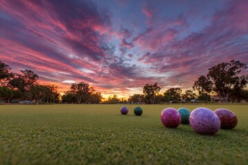 Lawn Bowls Balls in Field at Sunset - Vibrant Colors and Tranquil Scene for Sports Photography.