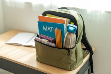 Backpack with school supplies on desk in bright classroom  
