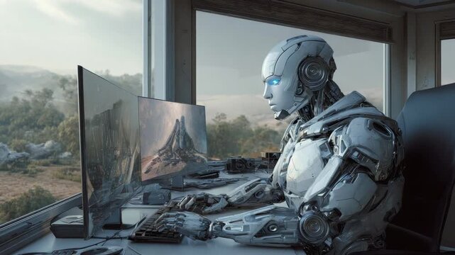 Robot observing alien landscape from control room