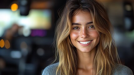 Chilean female radio host with a vibrant personality, engaging with listeners. --ar 16:9 --stylize 750 --v 6.1 Job ID: b827af61-f796-497d-afaf-c922291e0398