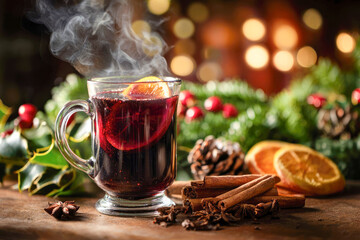 Christmas mulled red wine with spices and oranges on a wooden rustic table. Traditional hot drink at Christmas