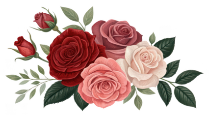 Beautiful bouquet of red pink and cream roses with green leaves isolated on transparent background