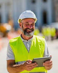 Smiling engineer using digital tablet at construction site