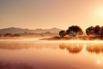Fototapeta premium Low Fog Creeping Across Water’s Surface in Early Morning
