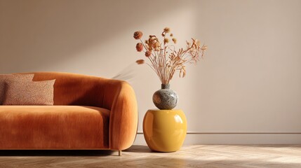 Cozy scene featuring a warm orange sofa, vase, dried flowers, and muted wall