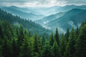 Fototapeta premium Vast green mountains under a cloudy sky showcasing layers of trees and mist in a serene landscape