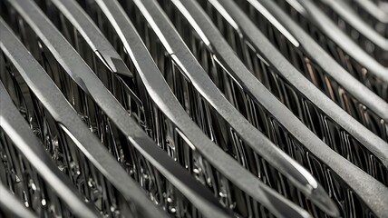 A close up shot of a metallic structure with repeating parallel bars angled diagonally across the frame