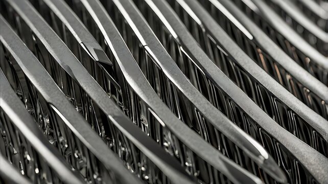 A close up shot of a metallic structure with repeating parallel bars angled diagonally across the frame