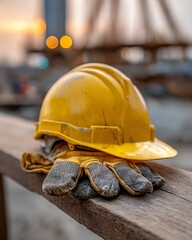 Yellow hardhat and work gloves resting on wooden beam at construction site during sunset