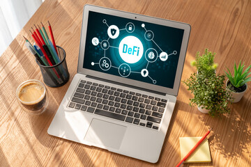 Fototapeta premium Decentralized finance or DeFi concept on modish computer screen . The defi system give new choice of investment and money saving .