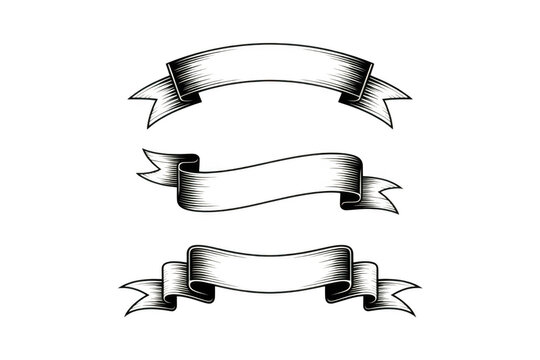 Ornate black and white ribbon banner design elements isolated on transparent background