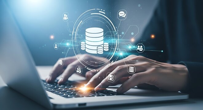 Person typing on laptop with glowing digital data and financial icons