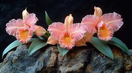 close together light red Cattleya blooms from a rock crevice protruding from a rugged 90 degree vertical cliff. --ar 16:9 --stylize 750 --v 6.1 Job ID: 0e9a9ff1-aa65-4297-b181-f612e99cf818