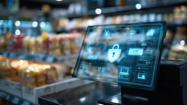 Secure checkout screen in modern supermarket