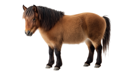 Small pony horse standing on a white background or transparent PNG, side profile view