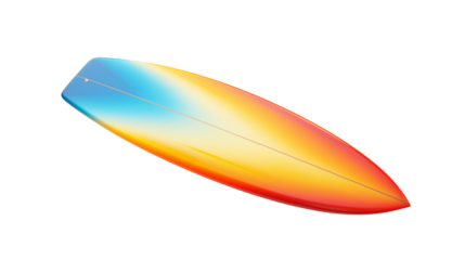 A vibrant surfboard featuring a mix of blue, yellow, and orange rests on a white background, highlighting its dynamic, summery design.