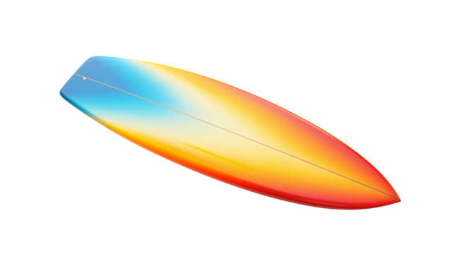 A vibrant surfboard featuring a mix of blue, yellow, and orange rests on a white background, highlighting its dynamic, summery design. - Powered by Adobe