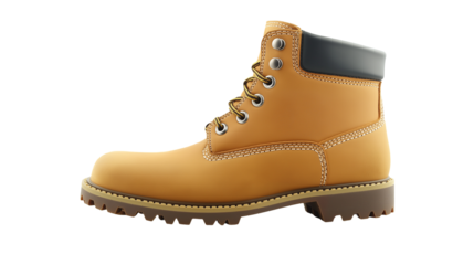 A brown leather boot with a rugged design and sturdy sole on a clean white background or transparent png 