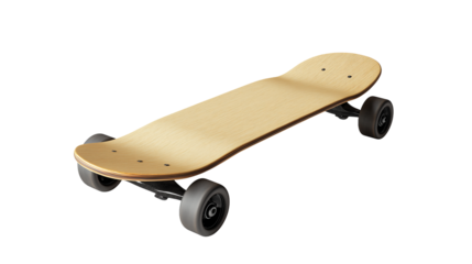 A beige skateboard is isolated on a white background, showcasing its sleek deck, modern design, and stylish minimalist aesthetic.