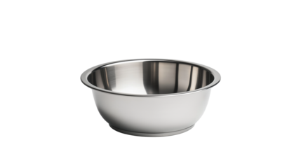 A plain empty stainless steel bowl with a smooth reflective surface on a clean white background or transparent png 