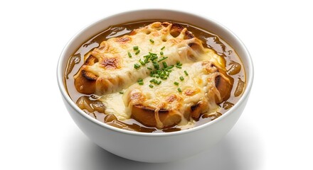 A delicious bowl of French onion soup with melted cheese topping