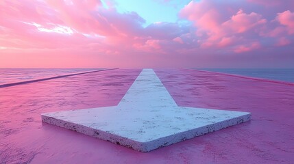 Pink sky arrow-shaped platform wide angle 3D render, dreamy seascape surreal cinematic lighting for wallpapers, film posters