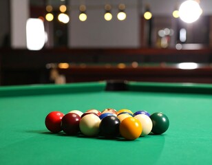 Billiards balls arranged on a green table