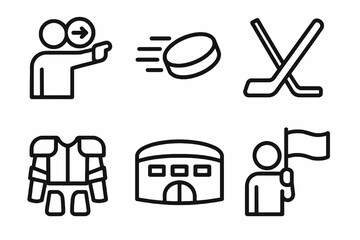 Black hockey icon set with 6 coaching and fan symbols on white background. Perfect for sports branding, club promotions, and tournament materials