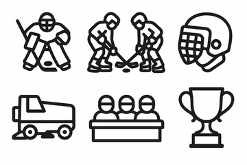 Black hockey icon set with 6 gameplay and award symbols on white background. Perfect for sports branding, event posters, and team merchandise