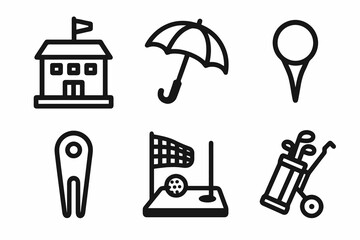 Set of 6 black vector golf icons on white background, featuring clubhouse, tools, and practice areas. Ideal for sports apps, club guides, and tournaments