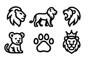 Set of 6 black vector lion icons, featuring various poses and elements. Ideal for animal logos, zoo materials, and nature-inspired designs