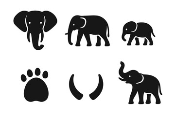 Set of 6 black vector elephant icons, including different poses and elements. Ideal for wildlife apps, zoo materials, and educational resources